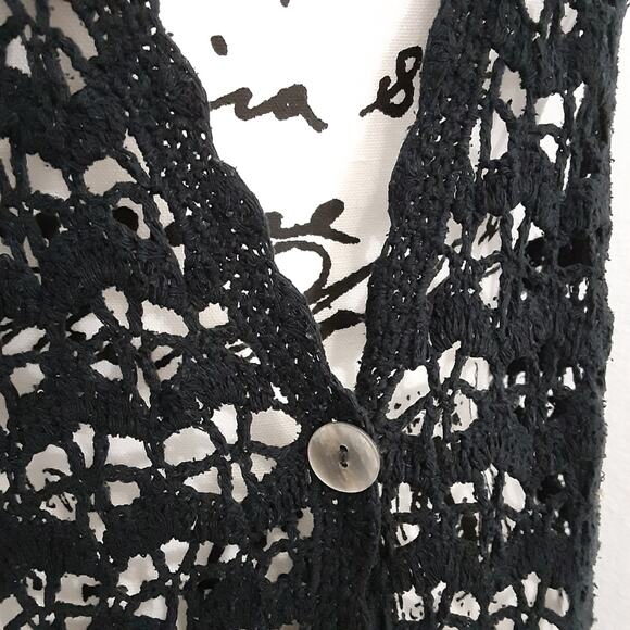 Vintage 80s Crochet Cardigan Black Bohemian Duster Knit Vest Lagenlook Festival - Picture 7 of 12